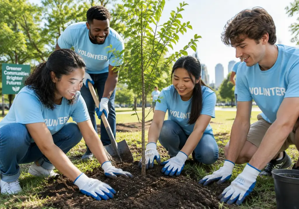 Young volunteers planting a tree together