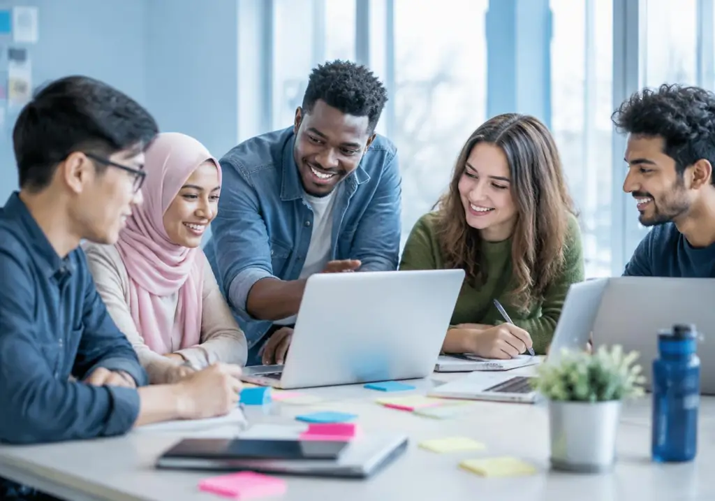 Young people from different cultures collaborating around laptops