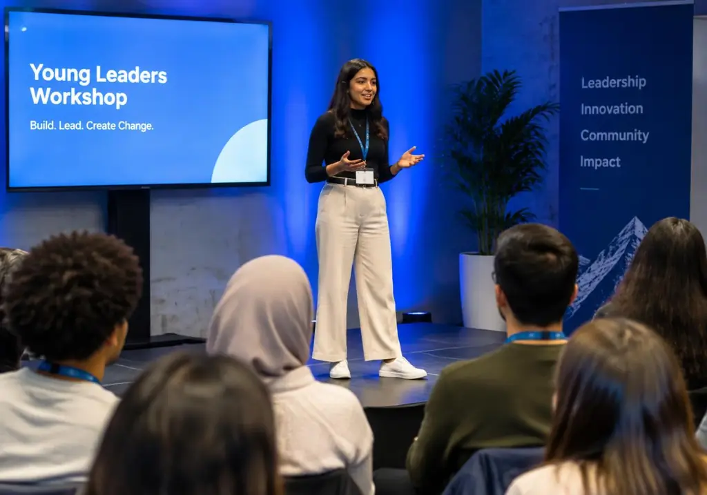 A young speaker leading a workshop for an engaged audience