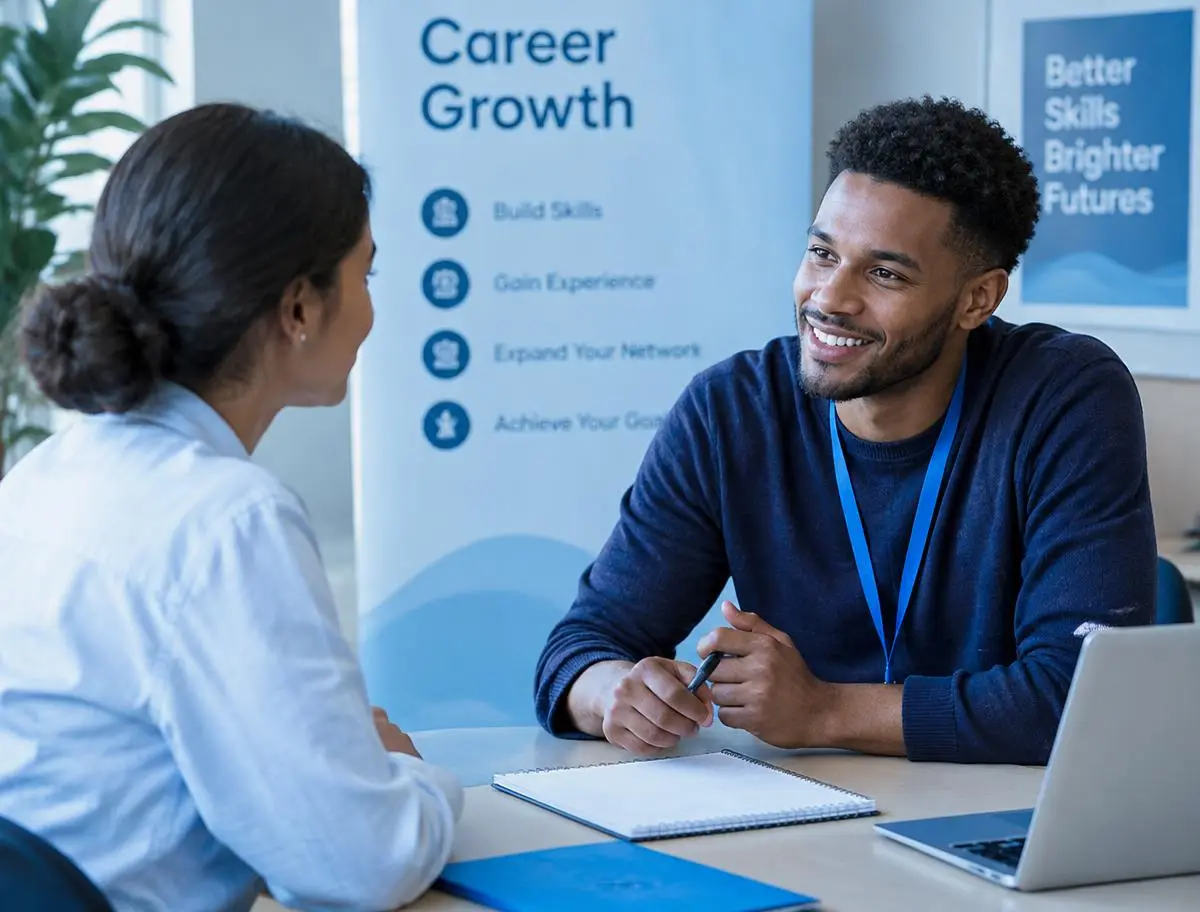 A mentor talking with a young person about career growth