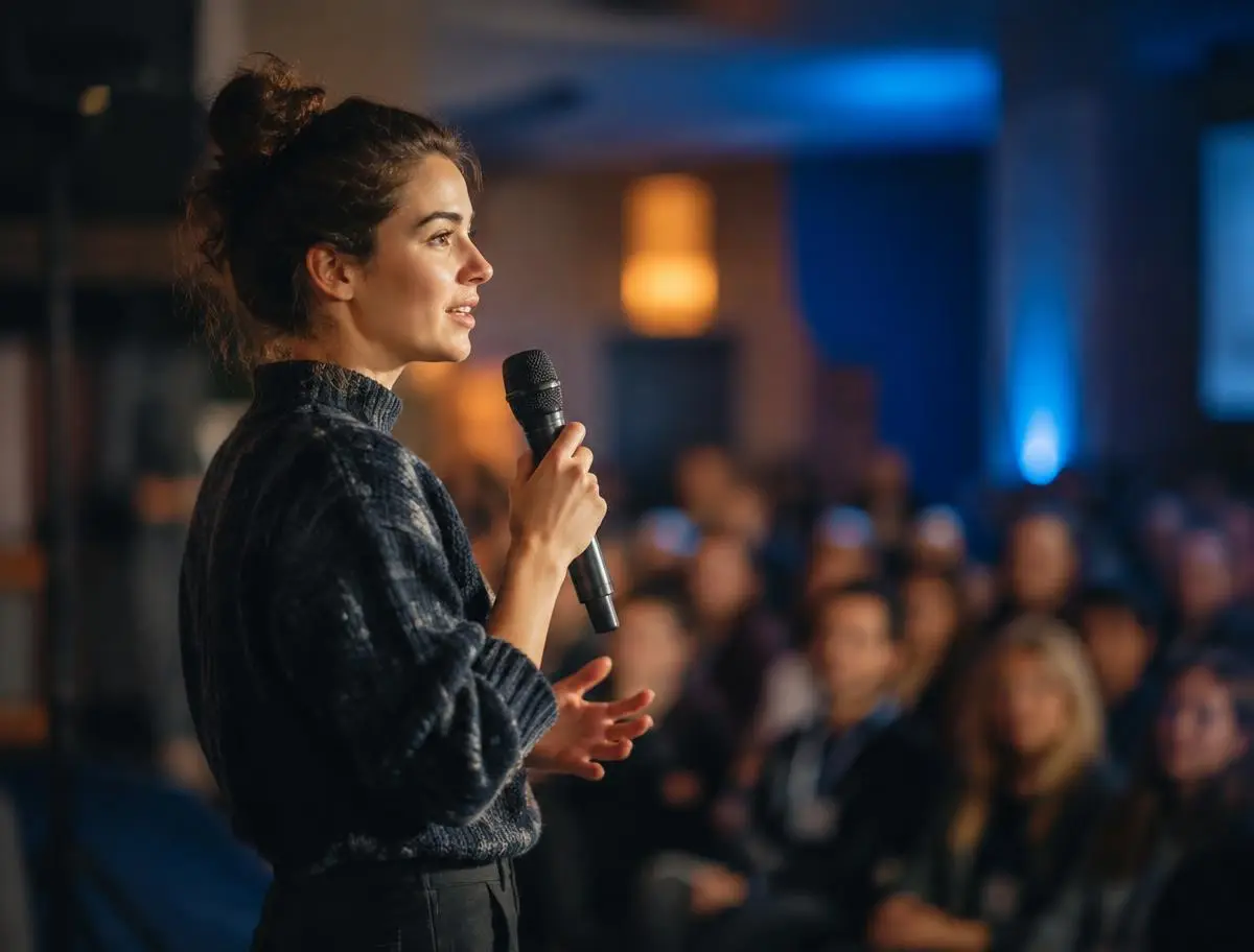 A young woman speaking to an audience at a community event