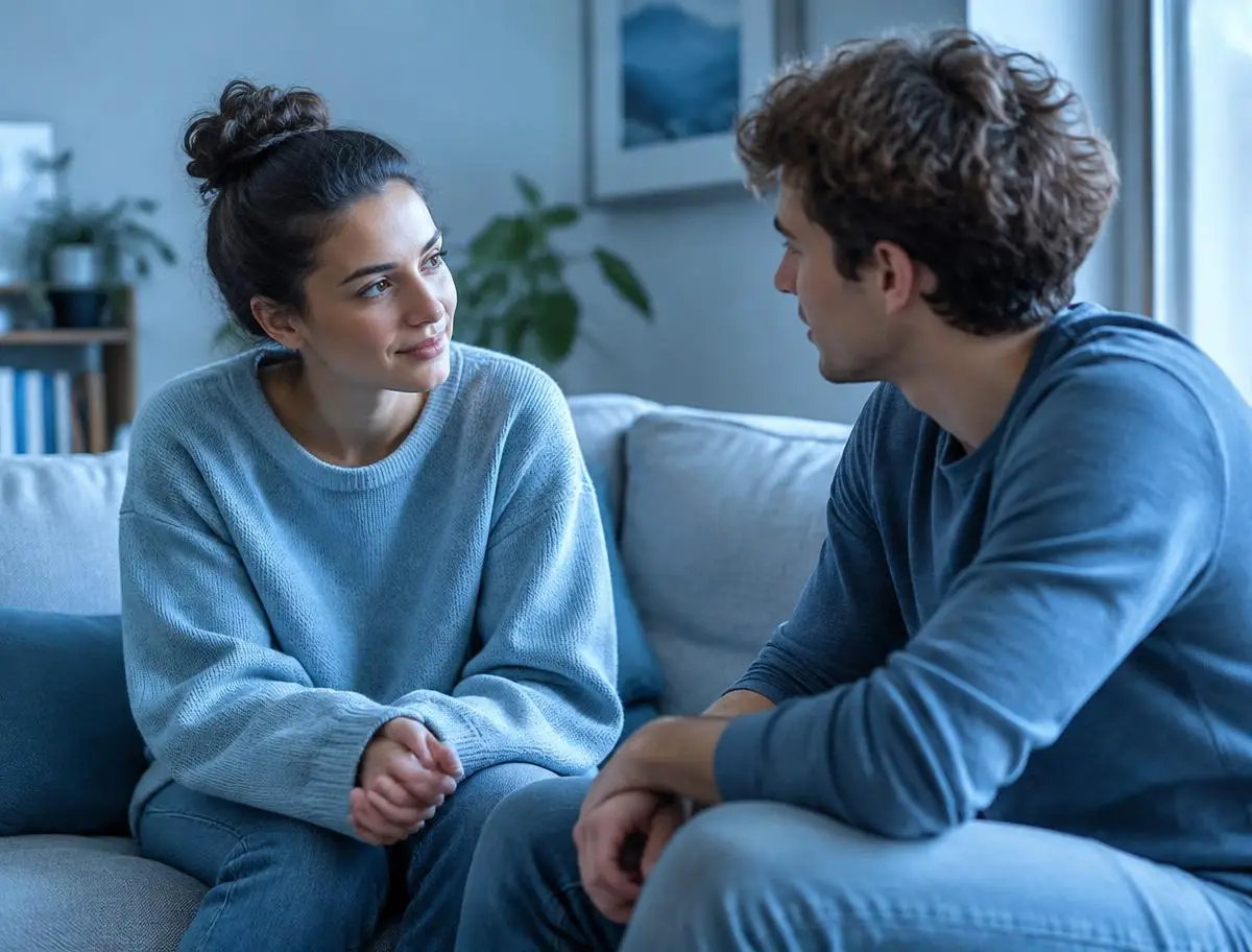 Two young adults having a calm, supportive conversation