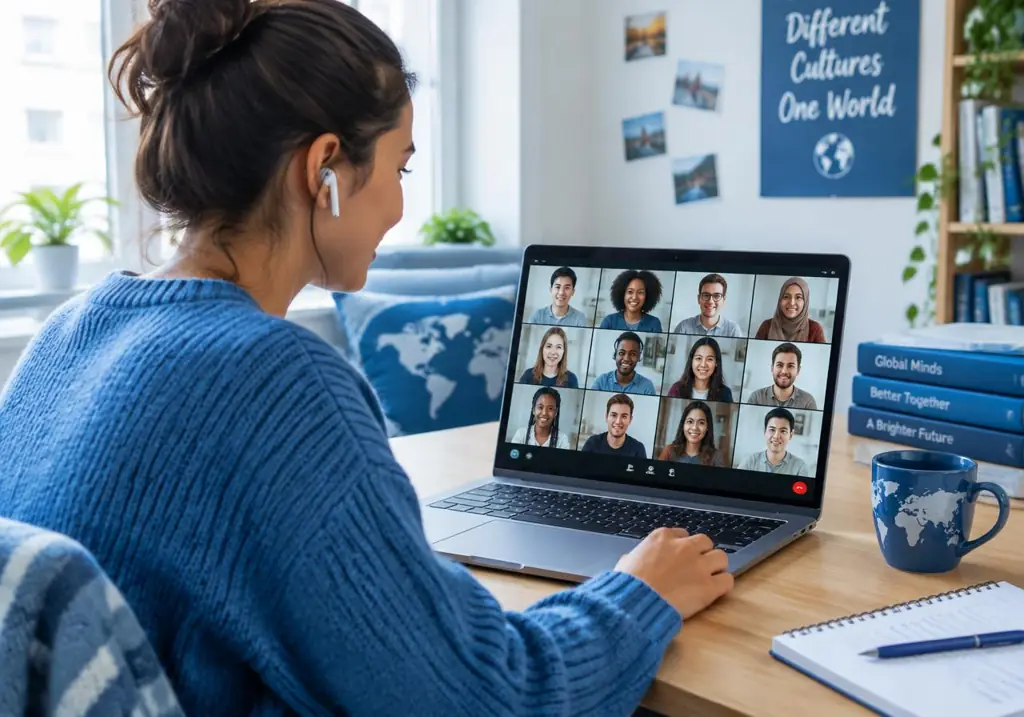 A member joining an online webinar with participants worldwide