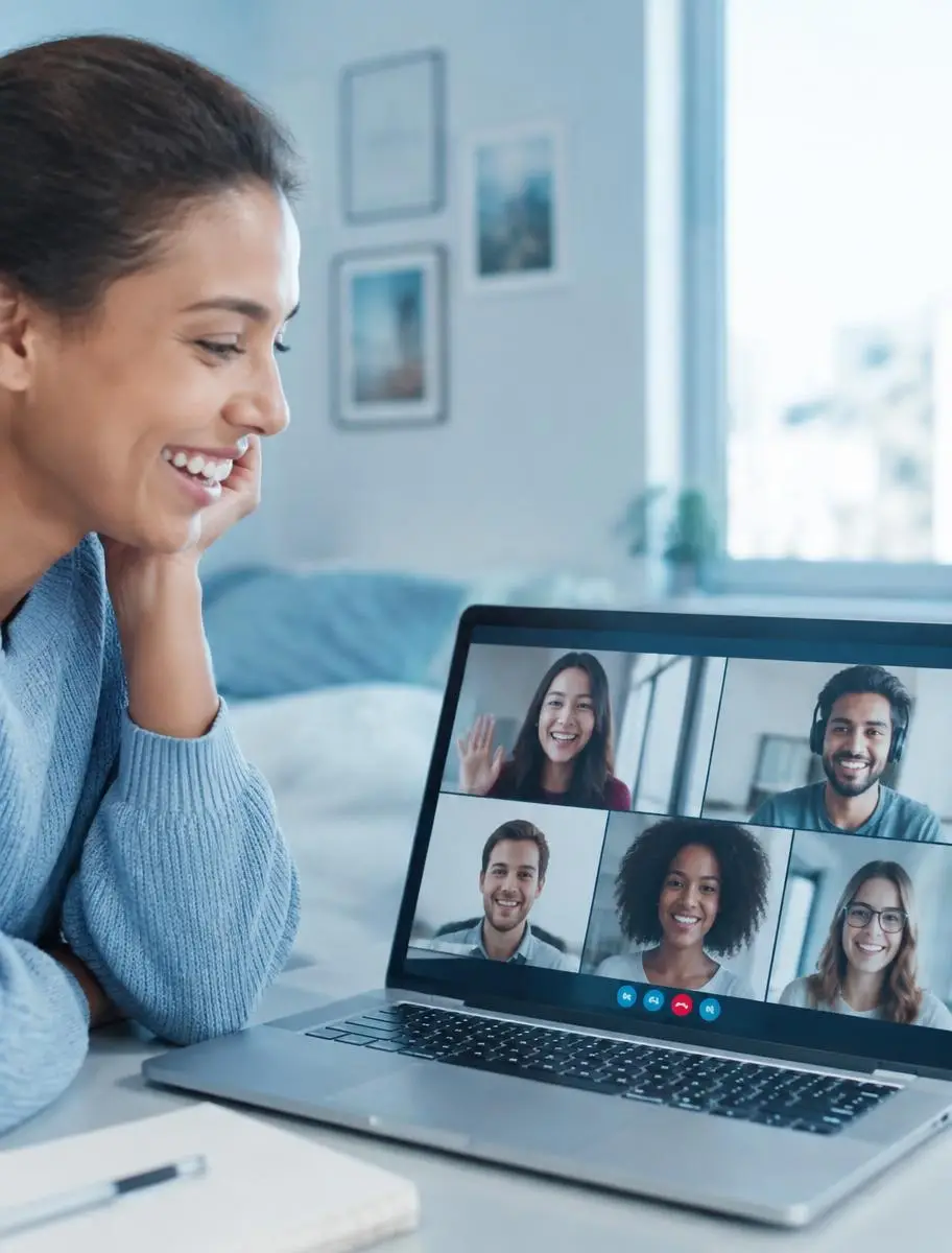 Young people smiling on a group video call